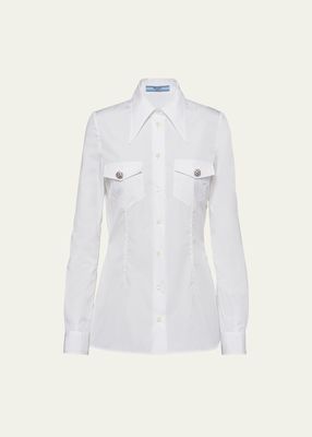 Poplin Long-Sleeve Top with Crystal Buttons