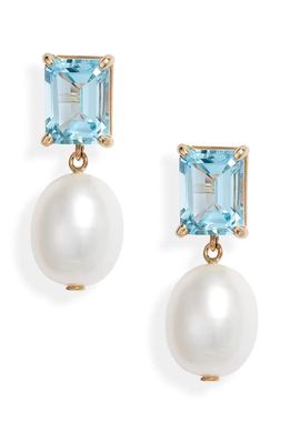Poppy Finch Blue Topaz & Cultured Pearl Drop Earrings in 14Kyg