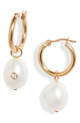 Poppy Finch Diamond & Freshwater Pearl Drop Hoop Earrings in 14Kyg 