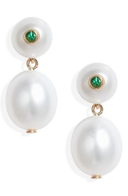 Poppy Finch Freshwater Pearl & Emerald Drop Earrings in Emerald/14K Yellow Gold 