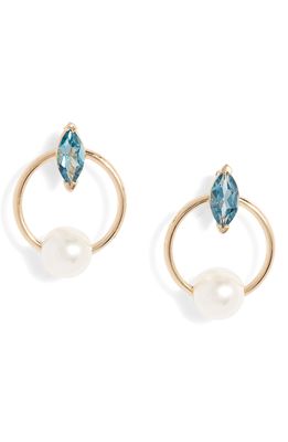 Poppy Finch Marquise London Blue Topaz & Pearl Circle Stud Earrings in 14Kyg