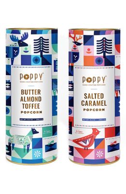 POPPY HANDCRAFTED POPCORN Set of 2 Holiday Popcorn Cylinders in Almond Toffee/Salted Caramel