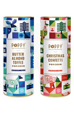 POPPY HANDCRAFTED POPCORN Set of 2 Holiday Popcorn Cylinders in Almond Toffee/Xmas Confetti