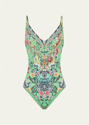 Porcelain Dream Crystal Wired V-Neck One-Piece Swimsuit