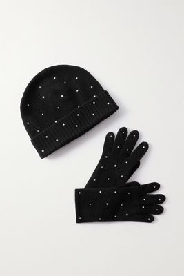 Portolano - Crystal-embellished Cashmere Gloves And Beanie Set - Black