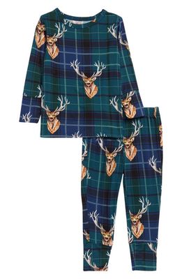 Posh Peanut Beckford Plaid Stag Fitted Two-Piece Pajamas in Open Green