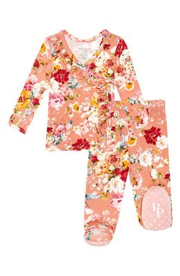 Posh Peanut Celia Floral Tie Front Ruffled Top & Footed Pants Set in Coral Multi