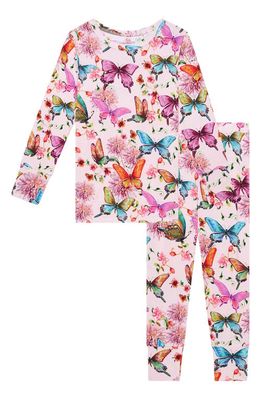 Posh Peanut Kids' Butterfly Print Fitted Two-Piece Pajamas in Pink 