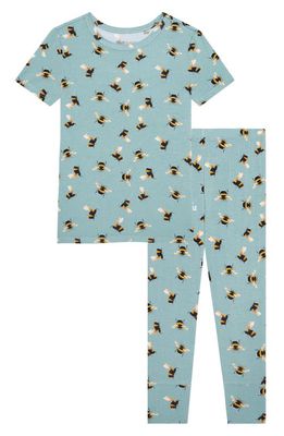 Posh Peanut Kids' Spring Bee Print Fitted Two-Piece Pajamas in Turquoise/Aqua