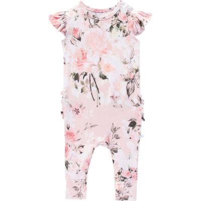 Posh Peanut Pink Rose Ruffle Cap Sleeve Fitted Romper 