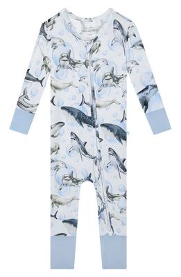 Posh Peanut Sharkly Fitted Convertible Footie Pajamas in Open Blue