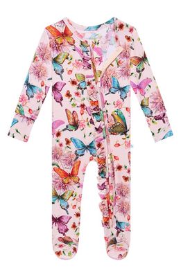 Posh Peanut Watercolor Butterfly Ruffle Fitted Footie Pajamas in Open Pink
