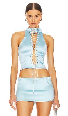 Poster Girl Phoebe Top Duchess Satin Lace Up Buckle Top in Baby Blue