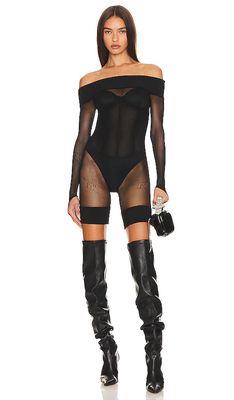 Poster Girl Rum Playsuit Shapewear Toxic Mesh Off The Shoulder Bodysuit in Black.