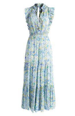 Poupette St Barth Belene Floral Tiered Ruffle Cover-Up Jumpsuit in White Blue Nature