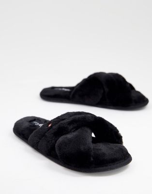 Pour Moi faux-fur crossover slide slippers in black