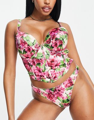 Pour Moi Fuller Bust Couture padded plunge satin corset in floral print-Multi