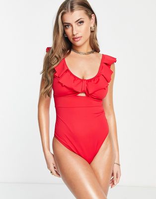 Pour Moi Fuller Bust Space frill swimsuit in red