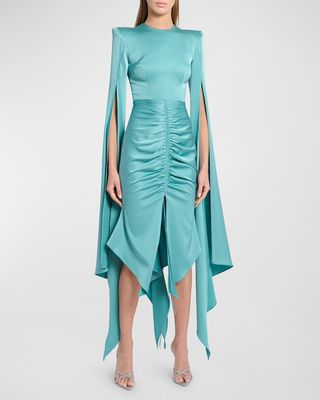 Powell Strong-Shoulder Cape-Sleeve Satin Crepe High-Low Dress