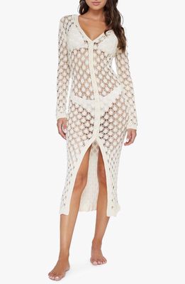 PQ SWIM Open Stitch Long Sleeve Cover-Up Shirtdress in Ivory 