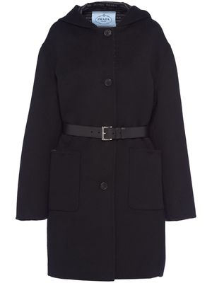 Prada belted hooded wool coat - Black
