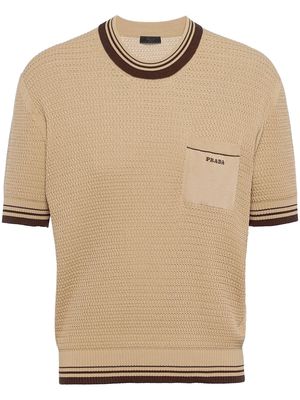 Prada embroidered-logo knitted T-shirt - Neutrals