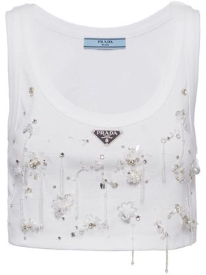 Prada embroidered ribbed-knit jersey top - White