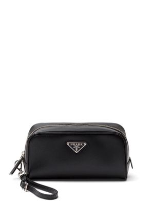 Prada enamel-logo saffiano leather clutch bag - Black