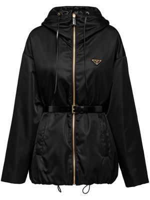 Prada enamel triangle-logo belted hooded jacket - Black