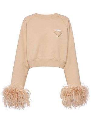 Prada feather-trim cotton sweatshirt - Neutrals