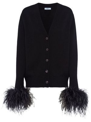 Prada feather-trimmed cashmere cardigan - Black