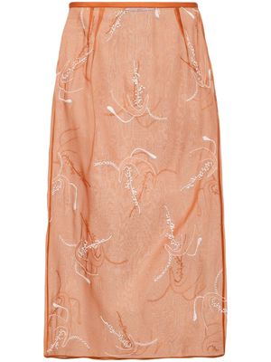 Prada floral-embroidered silk pencil skirt - Orange
