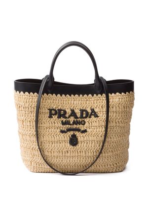 Prada leather-trimmed woven tote bag - Neutrals