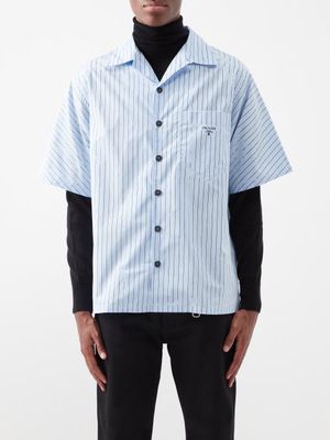 Prada - Logo Broken-pinstripe Cotton Short-sleeved Shirt - Mens - Light Blue Black