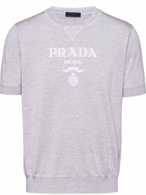 Prada logo-intarsia knitted short-sleeve top - Grey