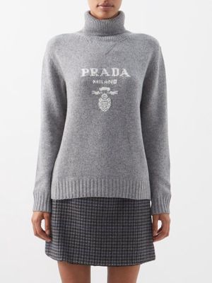 Prada - Logo-intarsia Wool-blend Roll-neck Sweater - Womens - Dark Grey