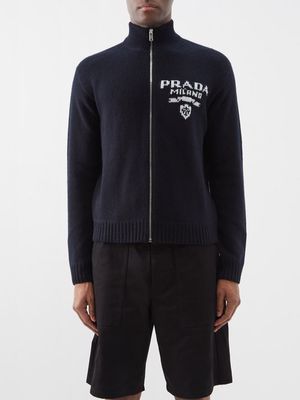 Prada - Logo-intarsia Zipped Wool-blend Cardigan - Mens - Blue