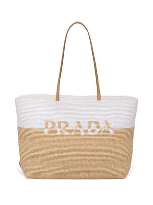Prada logo raffia shoulder bag - White