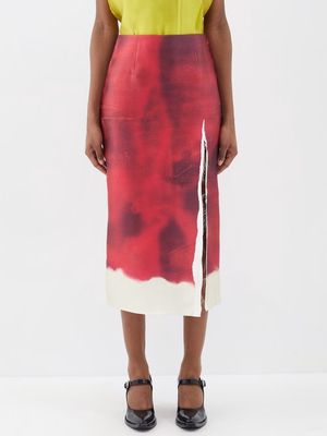 Prada - Paint-print Thigh-slit Satin Skirt - Womens - Fuchsia