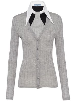 Prada pointed-collar ribbed-knit cardigan - Grey