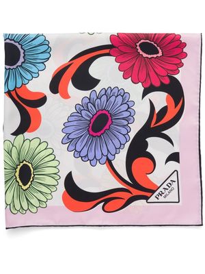 Prada pop-retro floral-printed silk scarf - White
