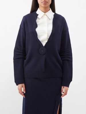 Prada - Ruffled Collar Cashmere-blend Cardigan - Womens - Navy