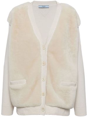 Prada shearling-panel cashmere cardigan - White