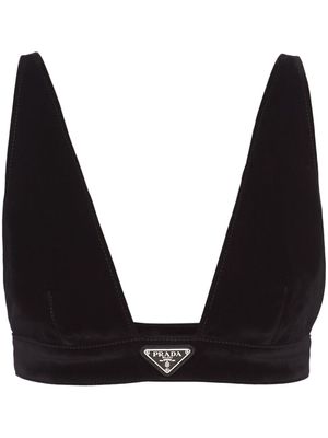 Prada triangle-logo velvet denim top - Black