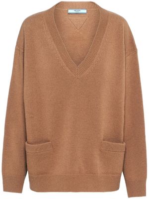 Prada V-neck logo-patch cashmere jumper - Brown