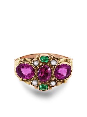 Pragnell Vintage 9kt yellow gold garnet emerald and pearl ring