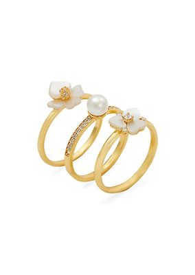 Precious Pansy 3-Piece Gold-Plated, Cubic Zirconia, Glass Pearl & Mother-Of-Pearl Ring Set