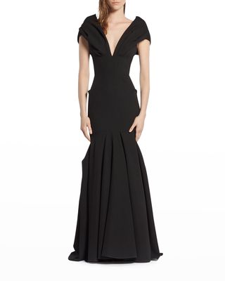 Preside Plunging Pleated Trumpet Gown