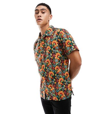 Pretty Green Avalon floral short sleeve shirt in orange with all over print