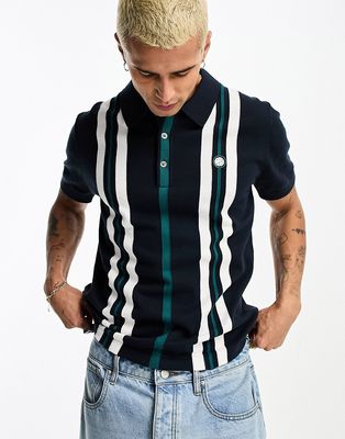 Pretty Green Ribera vertical stripe knitted polo in navy